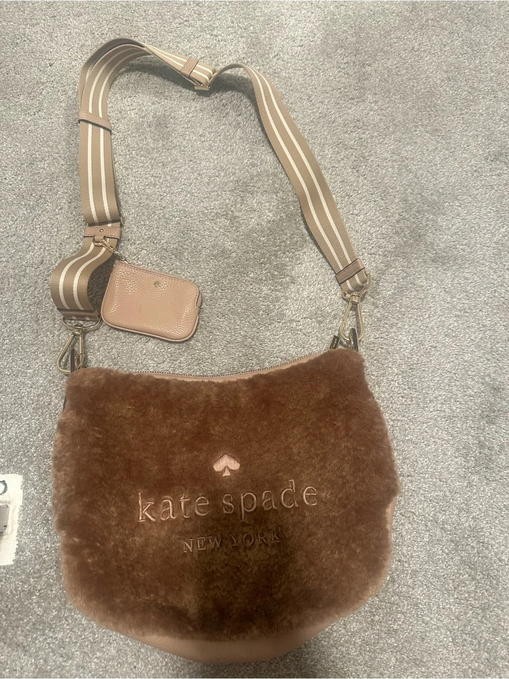 kate spade Brown Faux-Fur Crossbody with Striped Strap